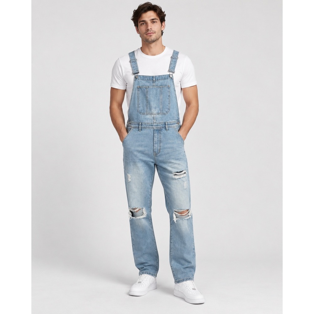 boohooMAN Overalls Mens Medium Light Blue Distressed Denim Dungarees NWT